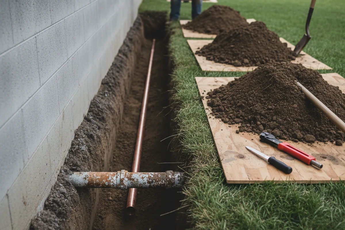 Excavated water line trench during Sewer Line Repair in Reeds